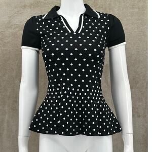Elle Top Womens XS‎ Black White Knit Polka Dot Peplum V-Neck Office Work Preppy